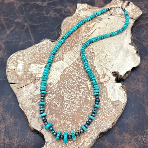 NATIVE AMERICAN Sterling Silver & Hubei Turquoise Beaded Necklace 24.75" - Picture 1 of 4